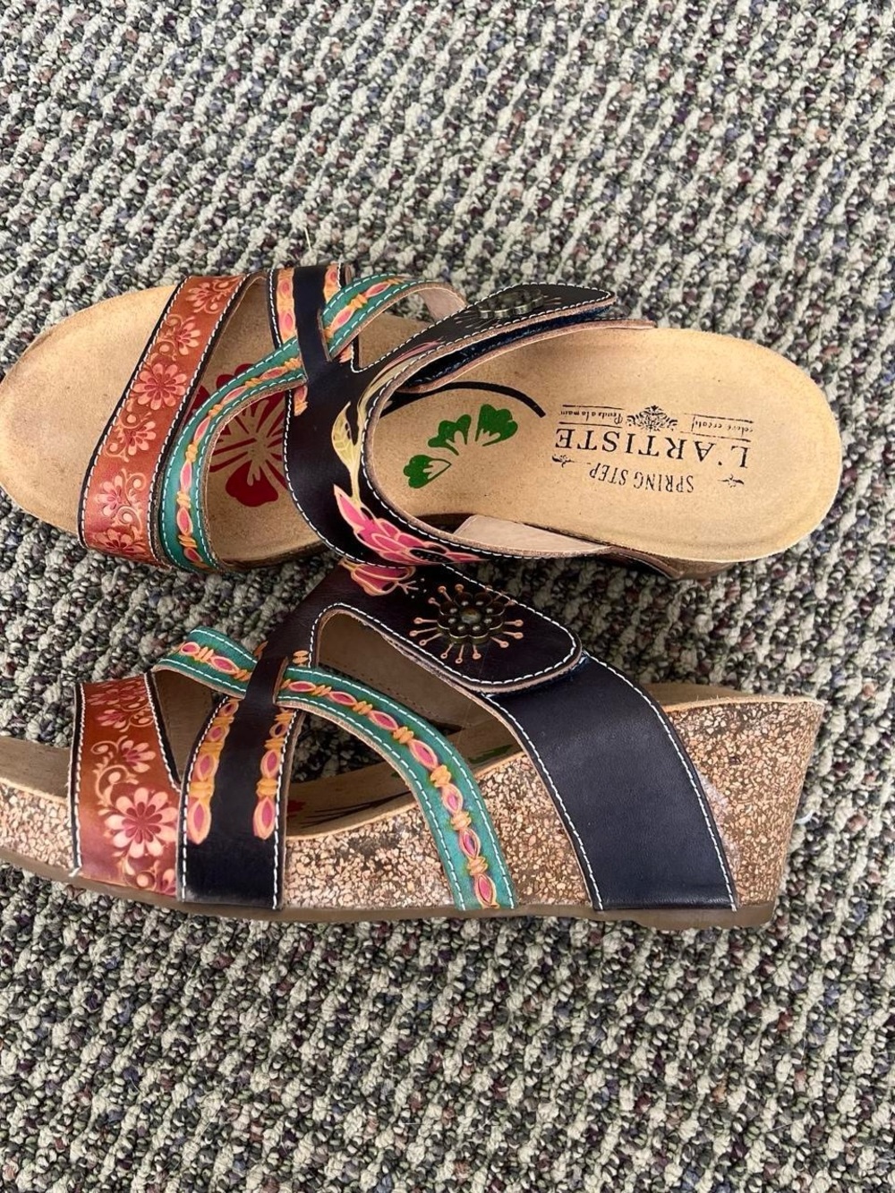 L’artiste by Spring Step Swan Strappy Leather Wedge Sandals with Floral Motifs